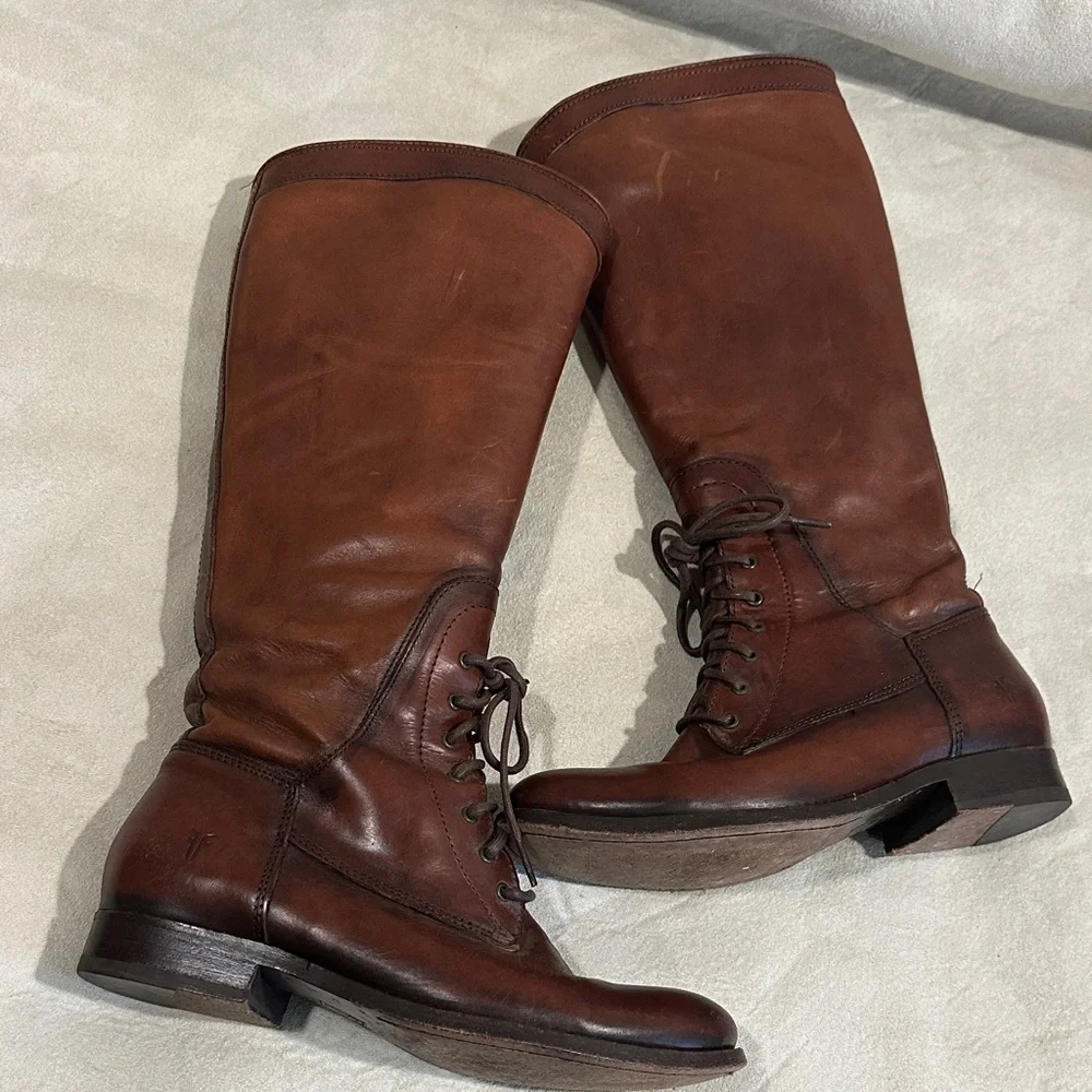 Frye Brown Leather Melissa  Lace up zip women’s